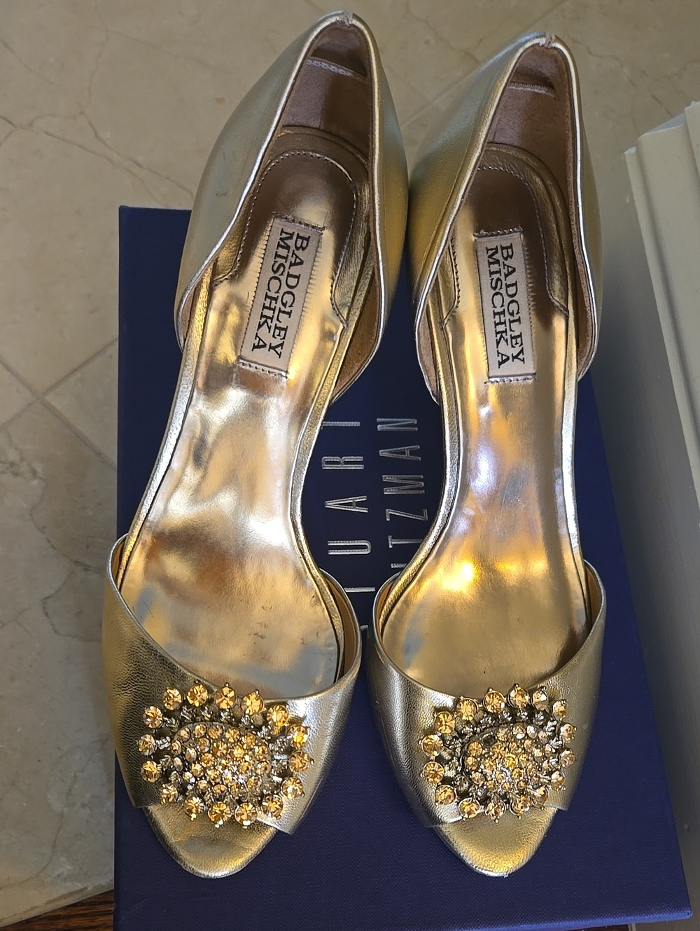 Badgley Mischka Gold Jeweled Peep-Toe Heels